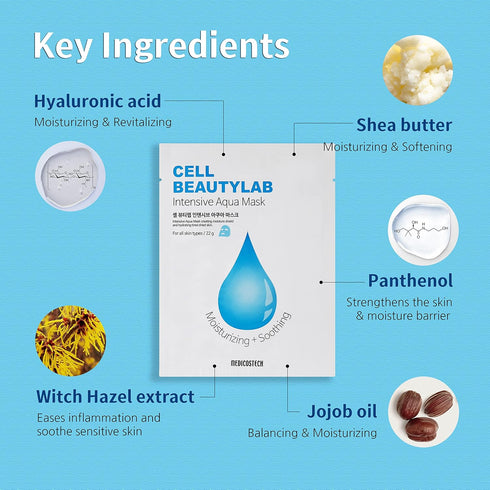 Intensive Aqua Mask 10 Pack | Hydrating, Moisturizing and Soothing Face Sheet Mask for All Skin Types | With Hyaluronic Acid, Panthenol, Shea Butt...