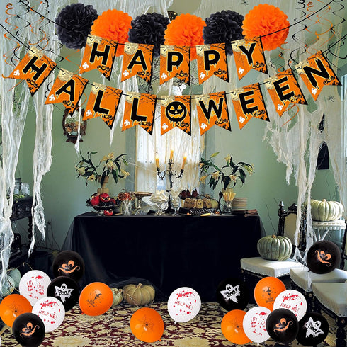 62PCS Halloween Party Decorations Set - Hallowmas Photo Booth Props Banner Balloons Pom Poms Hanging Swirls Spider Pumpkin Ornaments Supplies...