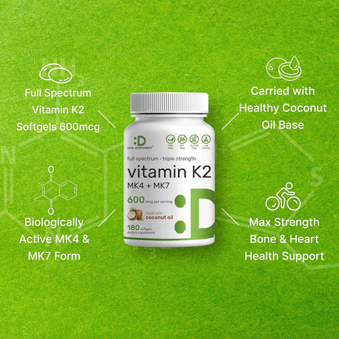 Vitamin K2 Supplement 600mcg, 180 Virgin Coconut Oil Softgels (6 Month Supply) – Full Spectrum MK-7 & MK-4 Forms, High Absorption, Triple Strength...