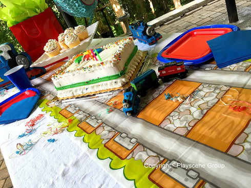 1 x Railroad Train Track Party Table Cover Tablecloth Runner, Reusable Plastic Table Cover for Kids Parties L86” x W17” Inches, by Playscene (1 Pa...
