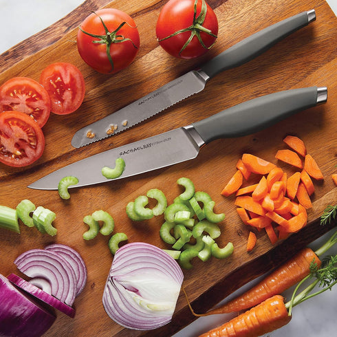 Rachael Ray Cutlery Japanese Stainless Steel Knives Set with Sheaths, 6-Inch Utility Knife and 5-Inch Serrated Utility Knife, Gray...