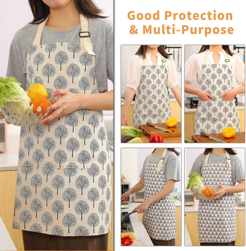Tosewever 2 Pieces Cotton Linen Waterproof Bib Apron with 2 Pockets - Long Ties Adjustable Neck Strap - Unisex Cooking Kitchen Decorative Pattern ...