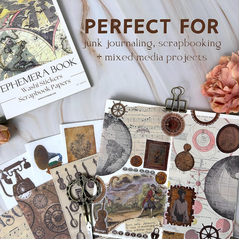 411 Vintage Washi Stickers & 20 Scrapbook Papers - FAYWARE Ephemera for Junk Journals & Scrapbooking...