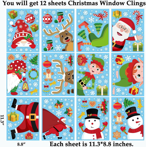 90shine 314PCS Christmas Decorations Window Clings - Xmas Holiday Snowflake Santa Elf Reindeer Gnome Peeking Decals, Winter Wonderland Party Suppl...