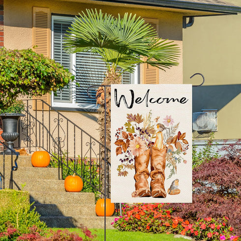 Welcome Boots Garden Flag Vertical Double Sided Flower Bird Autumn Fall Yard Outdoor Decor 12.5 x 18 Inches(Welcome Boots)...