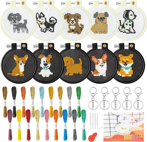 WATINC 10Pcs Embroidery Kit for Kids Stamped Cross Stitch, DIY Key Chain with Puppy Patterns Needlepoint Starter Kits, Craft Supplies for Beginner...