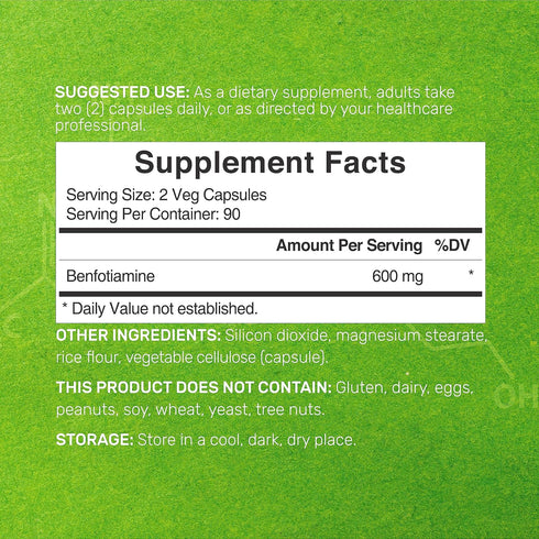 Benfotiamine 600mg Per Serving, 180 Veggie Capsules (300mg Per Cap) – Fat Soluble Vitamin B1 Thiamine Supplement – 3rd Party Tested, Vegan, Non-GM...