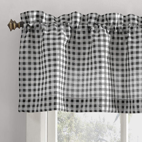No. 918 Parkham Farmhouse Plaid Semi-Sheer Rod Pocket Kitchen Curtain Valance and Tiers Set, 54" x 24", Black/White...
