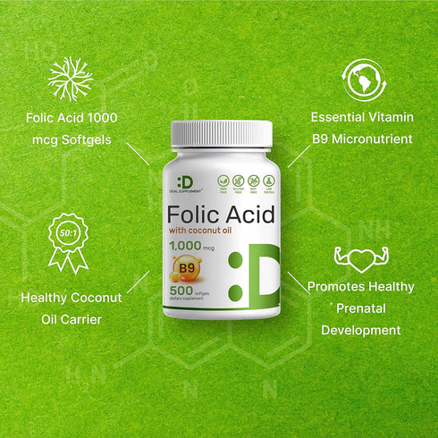 DEAL SUPPLEMENT Folic Acid 1000 mcg (1 mg), 500 Coconut Oil Softgels | Bioavailable Prenatal Vitamins (Vitamin B9) – 1,667 mcg DFE – Easy to swall...