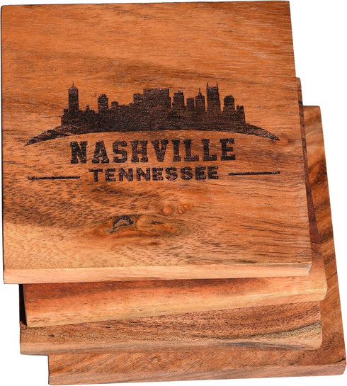 Nashville Coasters, Nashville Skyline Drink Coasters – Nashville Gifts & Souvenirs, Engraved Acacia Wood Coasters with Nashville Skyline Design – ...