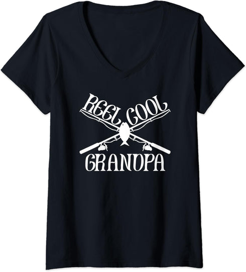 Womens Funny Cool Fishing Grandpa Matching Camping Gear V-Neck T-Shirt...