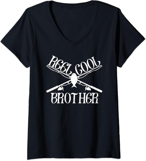 Womens Funny Cool Fishing Brother Matching Camping Gear V-Neck T-Shirt...