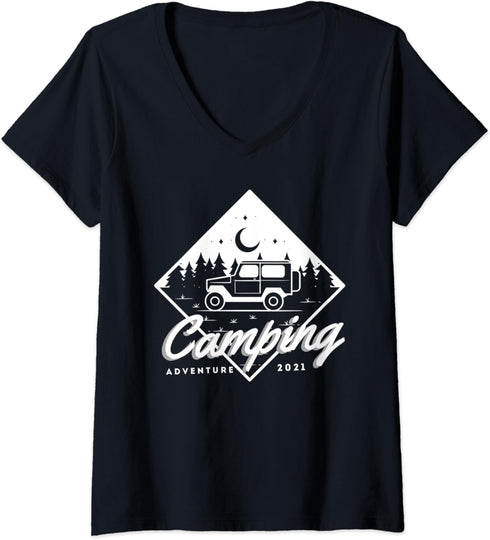 Womens Camping Lovers Adventure Camping Gear Accessories V-Neck T-Shirt...