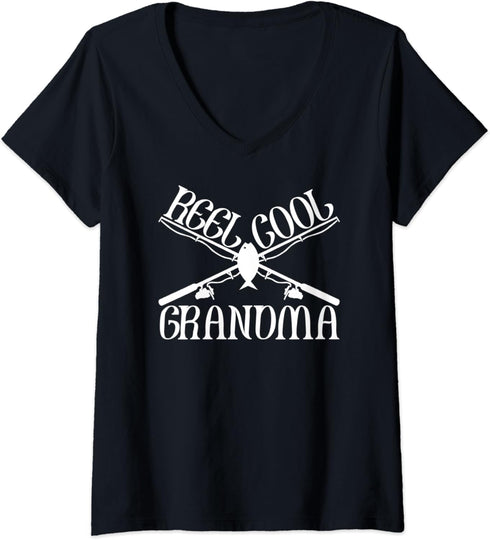 Womens Funny Cool Fishing Grandma Matching Camping Gear V-Neck T-Shirt...