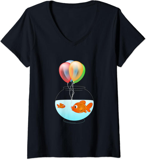 Womens Cute Goldfish Bowl And Balloons Pet Goldfish V-Neck T-Shirt...