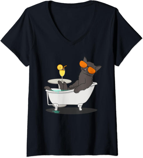 Womens Funny Gray Cat Relaxing In The Bathtub Cute Cat Lovers V-Neck T-Shirt...
