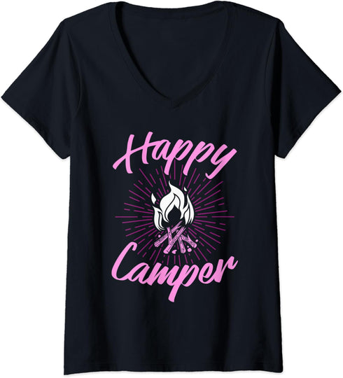 Womens Happy Camper Camping Gear Camping Clothes V-Neck T-Shirt...