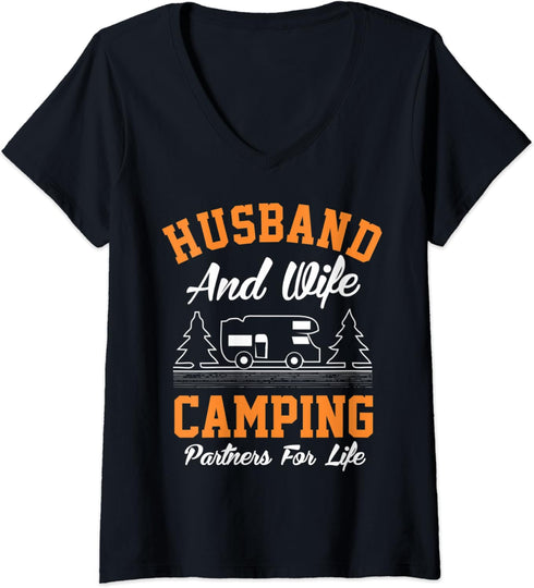 Womens Husband And Wife Camping Partners For Life Camping Gear RV V-Neck T-Shirt...