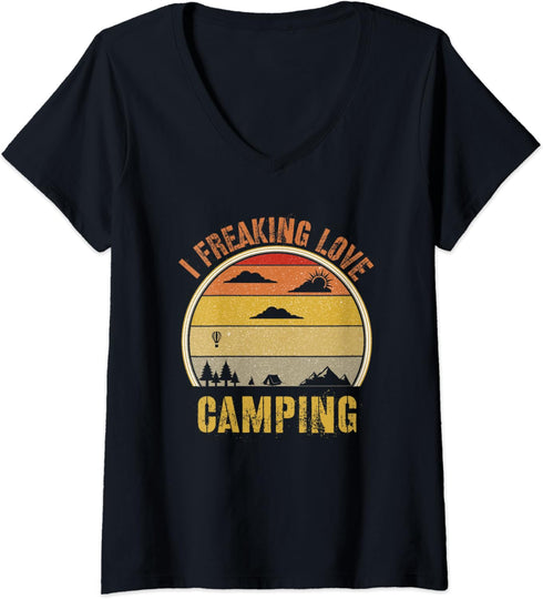 Womens Retro RV Camping Gear Funny Camping Gifts I Love Camping T V-Neck T-Shirt...