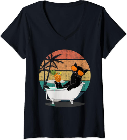 Womens Funny Black Cat In The Bathtub Vintage Cute Cat Lovers V-Neck T-Shirt...