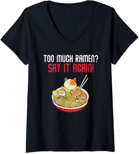 Womens Funny Animal Kawaii Cat Pet Japanese Noodles Bowl Of Ramen V-Neck T-Shirt...
