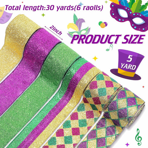 6 Rolls 30 Yards Mardi Gras Wired Edge Ribbon Purple Gold and Green Stripe Ribbon Glitter Metallic Wrapping Ribbon for Mardi Gras Masquerade Party...