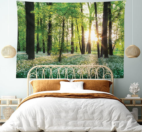 Ambesonne Forest Tapestry, Sunny Forest with Wild Garlic Enchanting Wildflowers Blossoms Landscape Scenery, Wide Wall Hanging for Bedroom Living R...