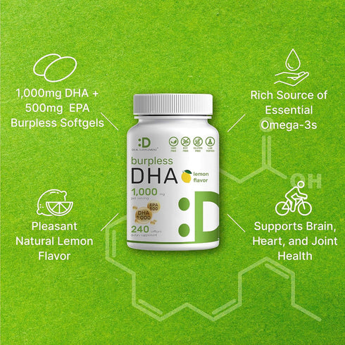 DEAL SUPPLEMENT DHA Supplements | 240 Softgels, Burpless, Lemon Flavor, DHA 1000mg + EPA 500mg, Wild Caught Fish, Rich in Omega-3s, Mercury Free, ...