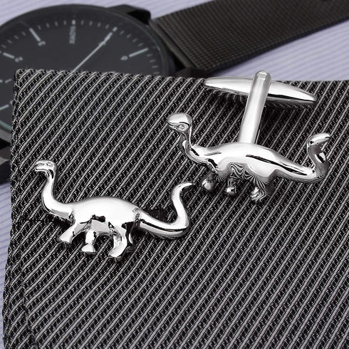 Shiny Silver Tone Long Neck Dinosaur Cufflinks For Men With Gift Box...