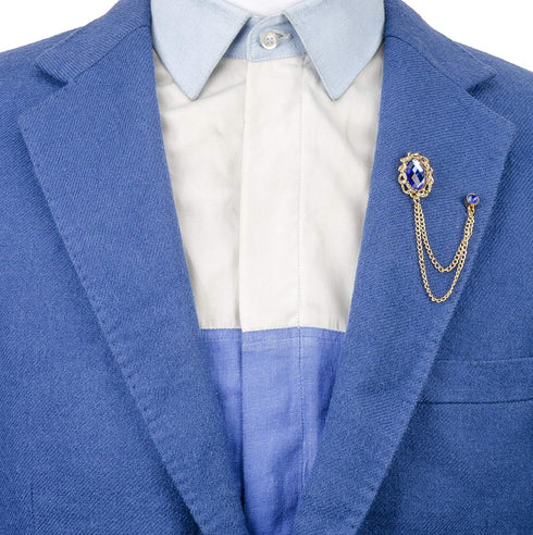 Knighthood Brooch Pin Royal Blue Shimmer Stone With Gold Chain Outlay Tassel Suit Collar Brooch Lapel pin Crystal Brooch Suit Stud Lapel Pin Vinta...