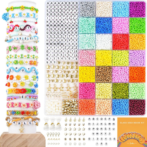 Deinduser Glass Seed Beads Bracelet Making Kit, 3mm 10000 Pcs Tiny Beads for Jewelry Making - Friendship Bracelet Kit with Letter Beads,Pearl Bead...