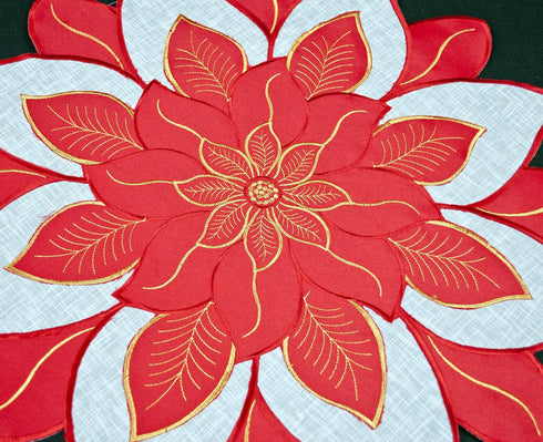 Embroidered Holiday Christmas Red White and Gold Star Poinsettia Doily Placemat Small Table Topper Doily (24 Inch Round)...
