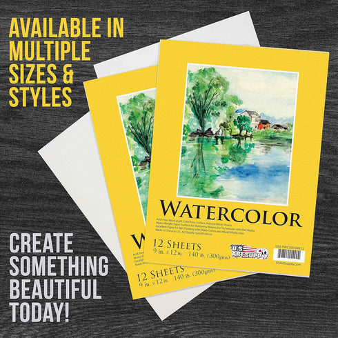 U.S. Art Supply 9" x 12" Premium Heavyweight Watercolor Painting Paper Pad, Pack of 2, 12 Sheets Each, 140 Pound (300gsm) - Cold Pressed, Acid-Fre...