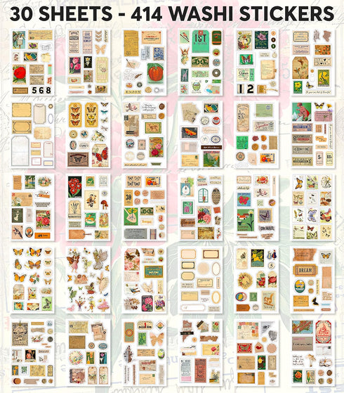 FAYWARE Vintage Washi Stickers for Journaling - Ephemera Book for Journaling with 414 Stickers & 20 Scrapbook Papers. Junk Journal Supplies, Scrap...