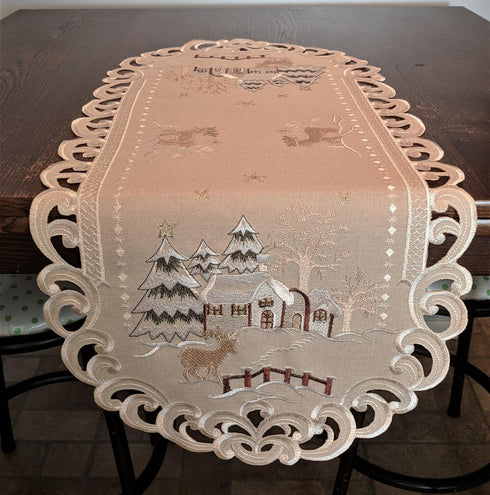 Christmas Table Runner with Reindeer and Cabin on Tan Burlap Style Material Size 34 x 15 inches...