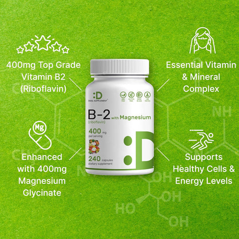DEAL SUPPLEMENT Vitamin B2 400mg (Riboflavin) | with Magnesium Glycinate 400mg, 240 Capsules – 2 in 1 Support Healthy Nervous System, Mood, Blood ...