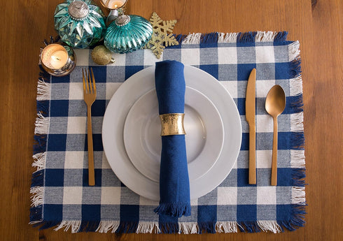 DII Heavyweight Fringed Check Tabletop Collection, Placemat Set, 13x19, Navy, 6 Piece...