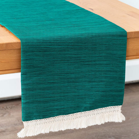 Teal Green Kitchen Table Runners With Macrame Lace Boho Decor (13x90 inch, Pack of 1) Fabric Lined | Properly Finished, No Fray Edges | for Home, ...
