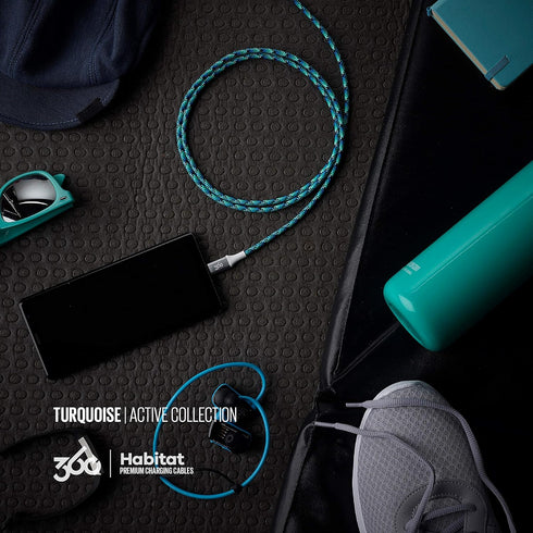 360 Electrical Habitat 8ft Premium Braided Charging Cord, Turquoise, USB-C to USB-A for Phone, Tablet, or Laptop, USB-C Cable, 4ft USBA to USBC Ca...