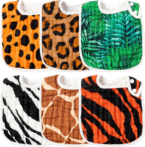 Zainpe 6Pcs Snap Muslin Cotton Bibs for Baby Leopard Tiger Stripe Zebra Pattern Bib Adjustable Feeding Bib Machine Washable Unisex Burp cloth with...