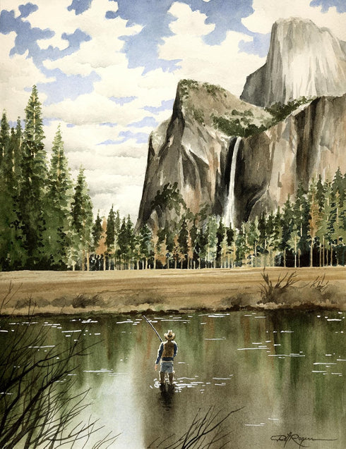 Flyin Yosemite Fly Fishing Art Print by Watercolor Artist DJ Rogers...