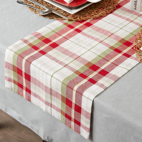 DII Orchard Plaid Collection Linen Tabletop Essentials, Table Runner, 14x108, Taupe/Red...