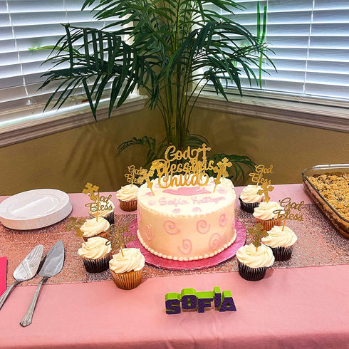 JeVenis 25 PCS Glittery Gold Bless this Child Cross & Cake Toppers - Baptism Cupcake Decorations...