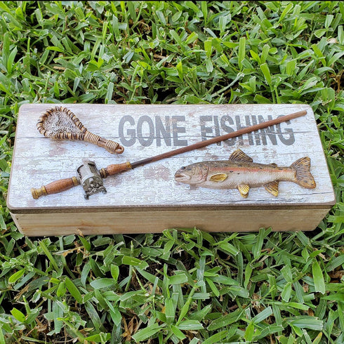Tumbler Home Gone Fishing Wood Box - Rustic Wood Keepsake Box Holds Coins, Keys and Wallet - Father's Day Gift, Birthday or Christmas Gifts for Fi...