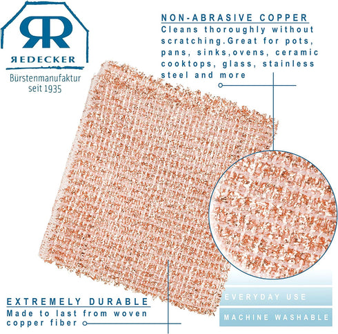 REDECKER 2-Ply Woven Copper Scrubbing Cloth - Durable and Non-Abrasive Scrubber, Machine Washable, Alternative to Chore Boy Copper Scrubber, Coppe...