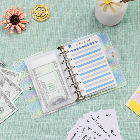 A7 Binder Soft PVC with Bubble 6-Ring Mini Binder, with Mini Binder Pockets x8 Zipper Envelopes, Budget Sheets x12, Cash Envelope Sticker x42, Lab...