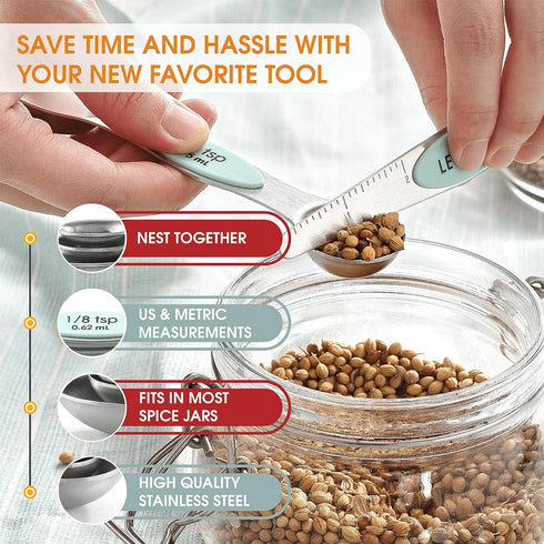 Spring Chef Stainless Steel Magnetic Measuring Spoons Set of 8 with Leveler, Nesting Metal Teaspoon & Tablespoon Measuring Spoons, Kitchen Gadgets...