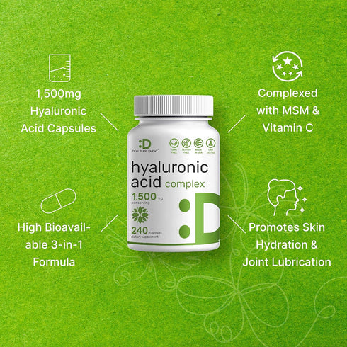 Deal Supplement Hyaluronic Acid Supplements 1,500mg – 240 Capsules, with MSM & Vitamin C – Pure 95% | Non-GMO + Plant Based HA – Supports Healthy ...