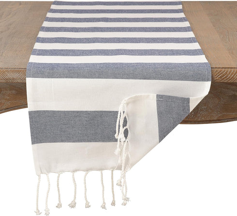 SARO LIFESTYLE Cabana Collection Cotton Stripes Tasseled Runner/2616.NB1672B, 16" x 72", Navy Blue...