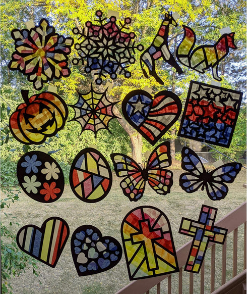 Suncatchers Craft 3 Sets (9 Cutouts) w Tissue Papers Stained Glass Effect Paper Sun Catcher Kit, Window Art, Classroom Crafts, Creative Art Projec...